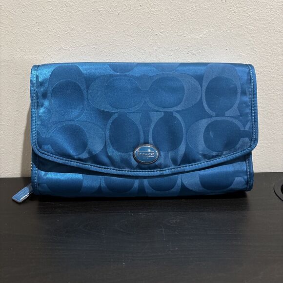 Coach Turquoise Blue Makeup Jewelry Folding Travel Bag Cosmetic Toiletry Bag - Picture 1 of 13